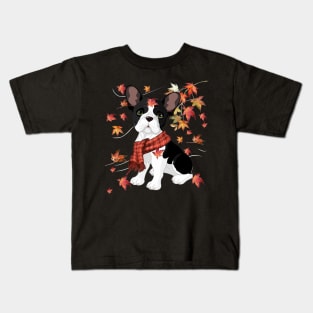 Maple Dog Leaf Fall Hello Autumn Funny French Bulldog Lover Kids T-Shirt